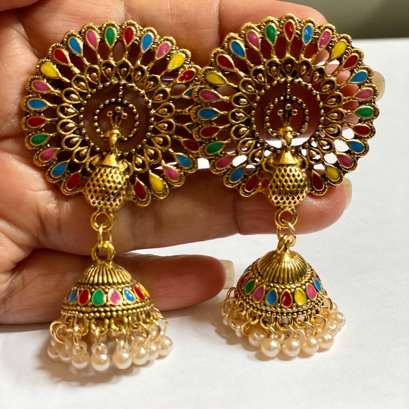 Two Pieces Earrings Nad Ring Set Faux Pearls Tassel Emery Rose Jumka Earrings - Picture 4 of 8